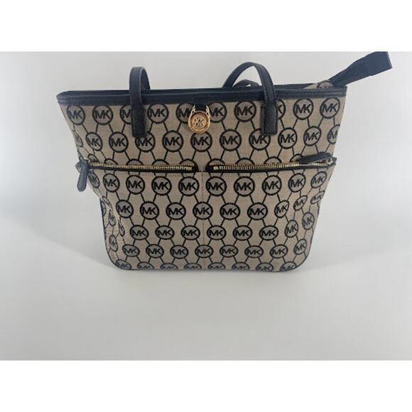 Michael Kors Handbag Purse Kempton Medium 38F5GKPT2Q MK Black Tan Leather Tote - Picture 1 of 9